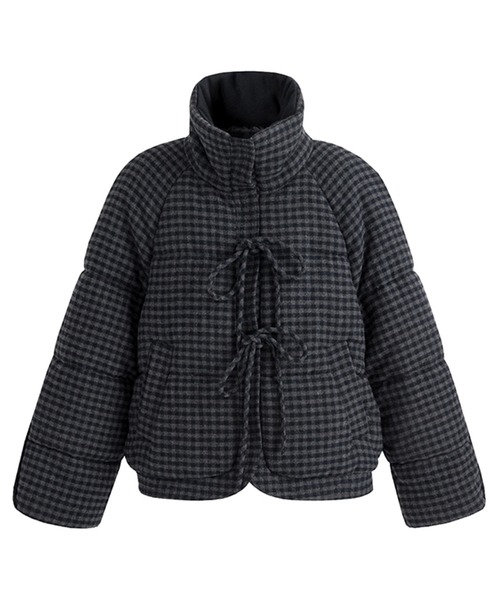セール】スタンドカラー チェック柄リボン 中綿ジャケット FD24M024