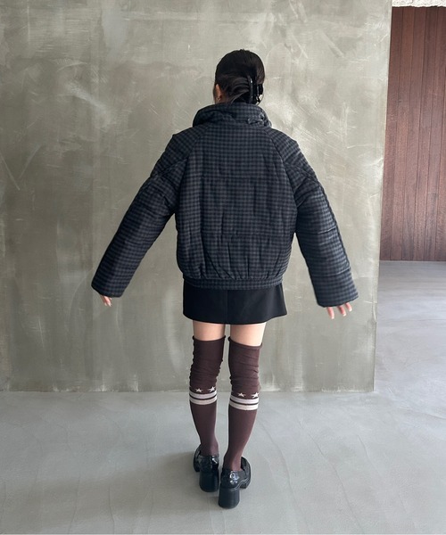 セール】スタンドカラー チェック柄リボン 中綿ジャケット FD24M024