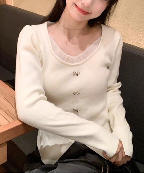 メタルリボンモチーフリブニットトップス（ニット/セーター）｜AMAJI（アマジ）