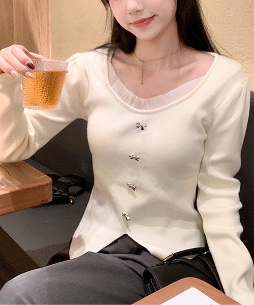 メタルリボンモチーフリブニットトップス（ニット/セーター）｜AMAJI（アマジ）