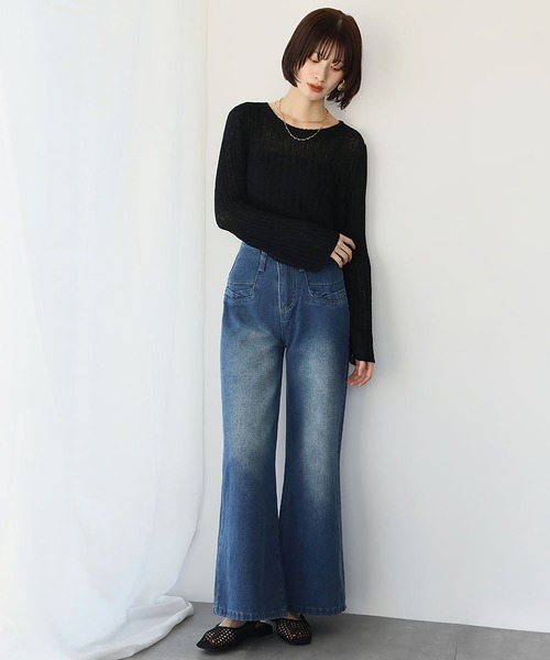 Ampirula（アンピルーラ）の「【綿100％使用】センターウォッシュハイウエストデニムワイドパンツ（デニムパンツ・レディース・ブルー・FREE）」の3枚目の写真