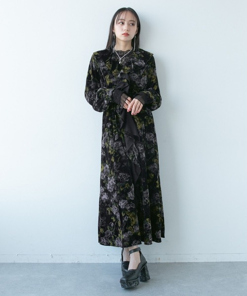 【HARE ハレ】レトロフラワーフリルワンピース 黒 ブラック HARE（ハレ）の「レトロフラワーフリルワンピース(HARE)（ワンピース