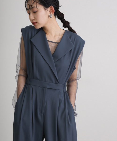 atlo（アトロ）の「ワイドフォーマルお呼ばれロング丈&結婚式同窓会2点セットオールインワンパーティードレスオケージョンドレス二次会成人式シアートップスノースリーブウエストマーク（パンツドレス・レディース・ベージュ/ブルー/ブラック/グレー・M/S/L）」の4枚目の写真