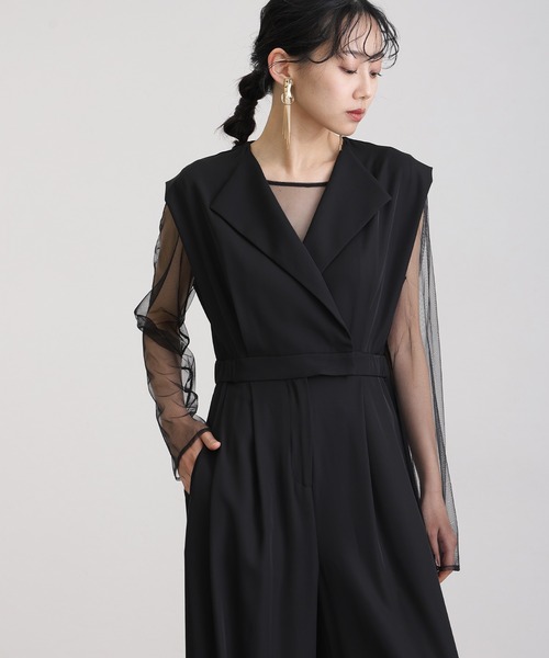 atlo（アトロ）の「ワイドフォーマルお呼ばれロング丈&結婚式同窓会2点セットオールインワンパーティードレスオケージョンドレス二次会成人式シアートップスノースリーブウエストマーク（パンツドレス・レディース・ベージュ/ブルー/ブラック/グレー・M/S/L）」の6枚目の写真