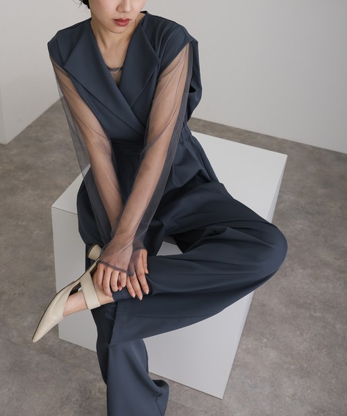 atlo（アトロ）の「ワイドフォーマルお呼ばれロング丈&結婚式同窓会2点セットオールインワンパーティードレスオケージョンドレス二次会成人式シアートップスノースリーブウエストマーク（パンツドレス・レディース・ベージュ/ブルー/ブラック/グレー・M/S/L）」の7枚目の写真