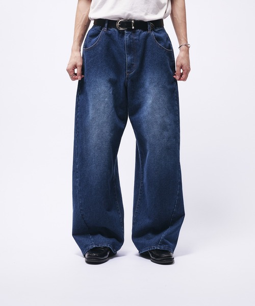 Adoon plain（アドーンプレーン）の「VINTAGE LIKE CARVE DENIM PANTS / ヴィンテージライクカーブデニムパンツ（デニムパンツ・メンズ・ブラック/ブルー・LARGE/SMALL/MEDIUM）」の5枚目の写真