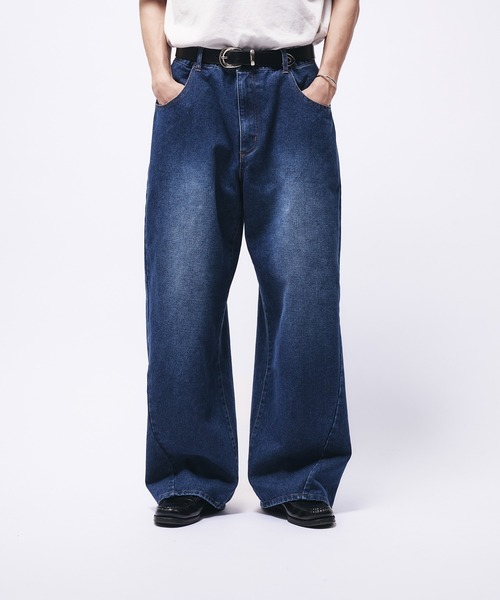 Adoon plain（アドーンプレーン）の「VINTAGE LIKE CARVE DENIM PANTS / ヴィンテージライクカーブデニムパンツ（デニムパンツ・メンズ・ブラック/ブルー・LARGE/SMALL/MEDIUM）」の6枚目の写真
