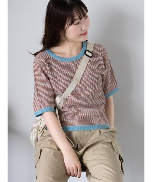 ehka sopo（エヘカソポ）の「幾何柄半袖ニット（ニット/セーター・レディース・オレンジ/サックスブルー/ブラック・F）」の5枚目の写真