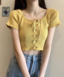 ﾘﾎﾞﾝﾓﾁｰﾌ半袖ｸﾛｯﾌﾟﾄﾞ丈ﾄｯﾌﾟｽ