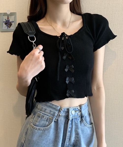 SPIGA(スピーガ)の「リボンモチーフ半袖クロップド丈トップス(Tシャツ/カットソー・レディース・ブラック/ブルー/イエロー/パープル/ホワイト/グリーン・FREE)」の7枚目の写真