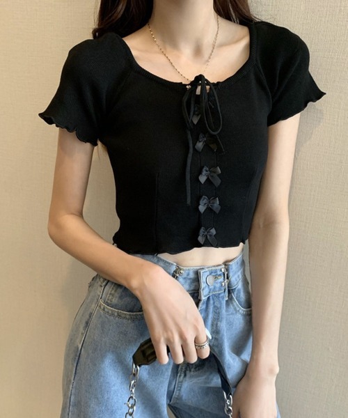 SPIGA(スピーガ)の「リボンモチーフ半袖クロップド丈トップス(Tシャツ/カットソー・レディース・ブラック/ブルー/イエロー/パープル/ホワイト/グリーン・FREE)」の8枚目の写真