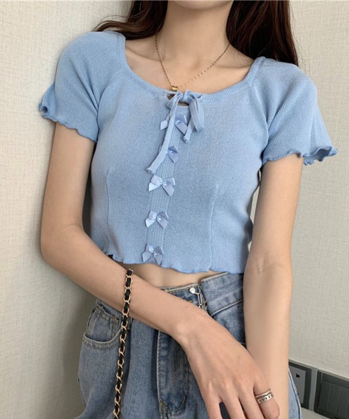 SPIGA(スピーガ)の「リボンモチーフ半袖クロップド丈トップス(Tシャツ/カットソー・レディース・ブラック/ブルー/イエロー/パープル/ホワイト/グリーン・FREE)」の9枚目の写真