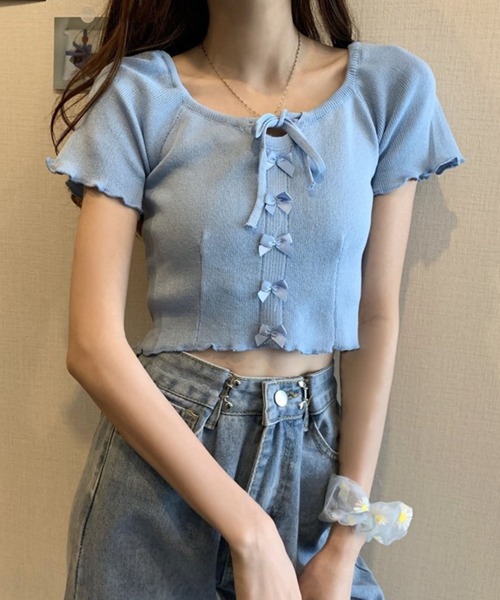SPIGA(スピーガ)の「リボンモチーフ半袖クロップド丈トップス(Tシャツ/カットソー・レディース・ブラック/ブルー/イエロー/パープル/ホワイト/グリーン・FREE)」の10枚目の写真