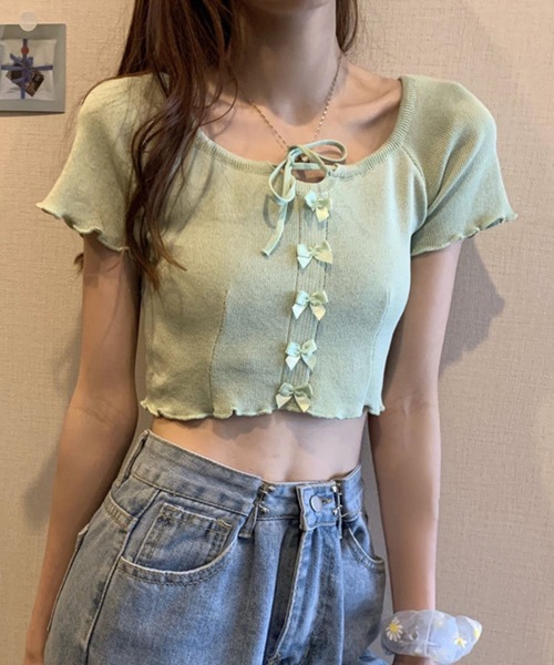 SPIGA(スピーガ)の「リボンモチーフ半袖クロップド丈トップス(Tシャツ/カットソー・レディース・ブラック/ブルー/イエロー/パープル/ホワイト/グリーン・FREE)」の11枚目の写真
