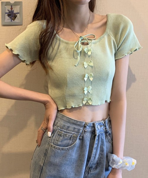 SPIGA(スピーガ)の「リボンモチーフ半袖クロップド丈トップス(Tシャツ/カットソー・レディース・ブラック/ブルー/イエロー/パープル/ホワイト/グリーン・FREE)」の12枚目の写真