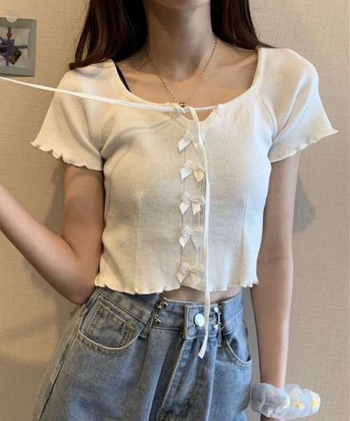 SPIGA(スピーガ)の「リボンモチーフ半袖クロップド丈トップス(Tシャツ/カットソー・レディース・ブラック/ブルー/イエロー/パープル/ホワイト/グリーン・FREE)」の16枚目の写真