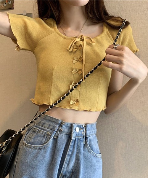 SPIGA(スピーガ)の「リボンモチーフ半袖クロップド丈トップス(Tシャツ/カットソー・レディース・ブラック/ブルー/イエロー/パープル/ホワイト/グリーン・FREE)」の17枚目の写真