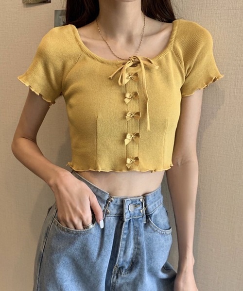 SPIGA(スピーガ)の「リボンモチーフ半袖クロップド丈トップス(Tシャツ/カットソー・レディース・ブラック/ブルー/イエロー/パープル/ホワイト/グリーン・FREE)」の18枚目の写真
