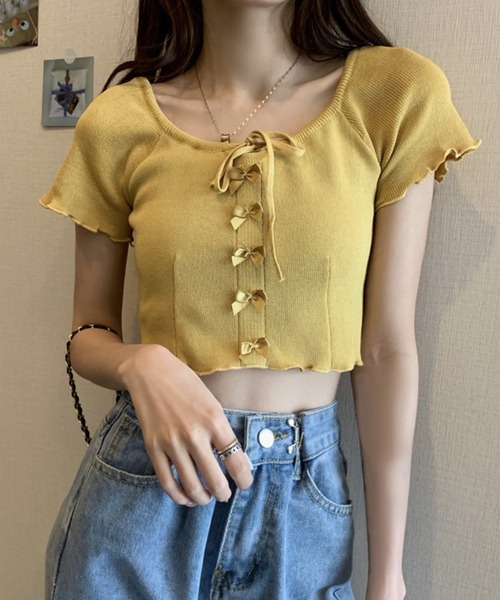 SPIGA(スピーガ)の「リボンモチーフ半袖クロップド丈トップス(Tシャツ/カットソー・レディース・ブラック/ブルー/イエロー/パープル/ホワイト/グリーン・FREE)」の19枚目の写真