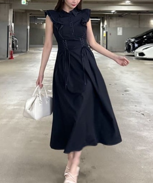 rienda リエンダ レースアップフリルワンピース NVY ネイビー S rienda リエンダ レースアップフリルワンピース NVY ネイビー