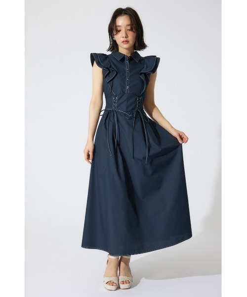 セール】レースアップフリルワンピース 半袖 夏服（ワンピース