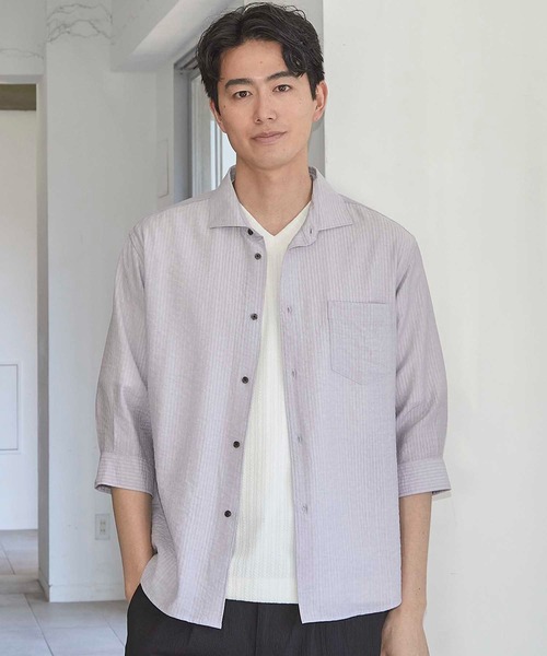 UNION STATION(ユニオンステーション)の「タックストライプローン7分袖シャツ(シャツ/ブラウス・メンズ・ブラック/パープル/ホワイト/レンガ・LL/M/L)」の3枚目の写真