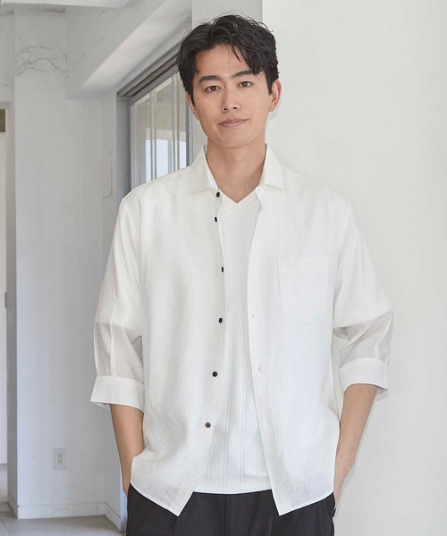 UNION STATION(ユニオンステーション)の「タックストライプローン7分袖シャツ(シャツ/ブラウス・メンズ・ブラック/パープル/ホワイト/レンガ・LL/M/L)」の1枚目の写真