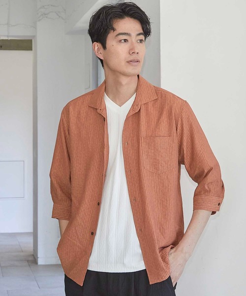 UNION STATION(ユニオンステーション)の「タックストライプローン7分袖シャツ(シャツ/ブラウス・メンズ・ブラック/パープル/ホワイト/レンガ・LL/M/L)」の4枚目の写真