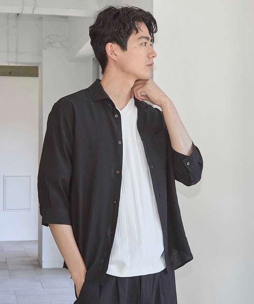 UNION STATION(ユニオンステーション)の「タックストライプローン7分袖シャツ(シャツ/ブラウス・メンズ・ブラック/パープル/ホワイト/レンガ・LL/M/L)」の2枚目の写真