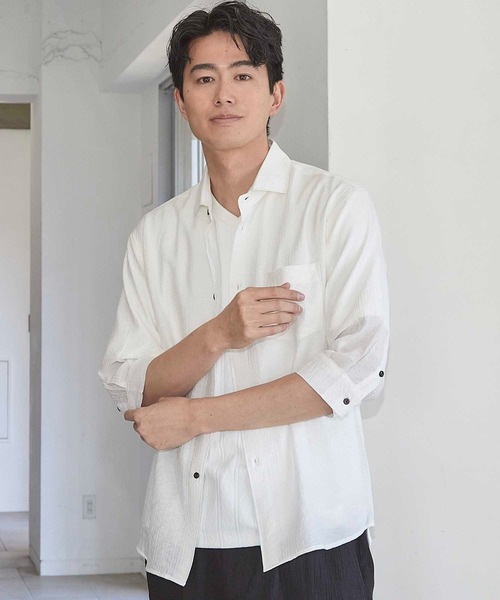 UNION STATION(ユニオンステーション)の「タックストライプローン7分袖シャツ(シャツ/ブラウス・メンズ・ブラック/パープル/ホワイト/レンガ・LL/M/L)」の5枚目の写真