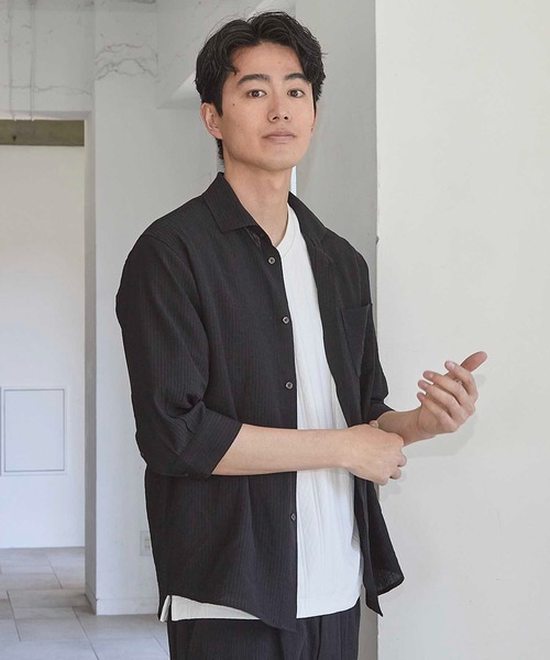 UNION STATION(ユニオンステーション)の「タックストライプローン7分袖シャツ(シャツ/ブラウス・メンズ・ブラック/パープル/ホワイト/レンガ・LL/M/L)」の10枚目の写真