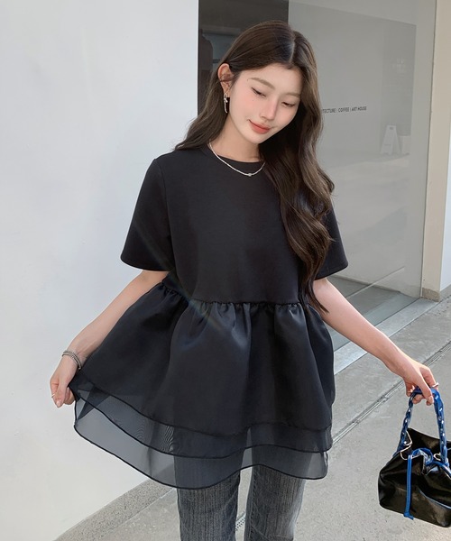 美品★PEPLUM TEE ペプラム Tシャツ カットソー BLACK 36 セール】3段シアーペプラムTシャツ（Tシャツ/カットソー）｜by