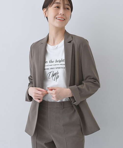美品　インディヴィINDIVI ノーカラーパンツスーツ　ベージュ系　サイズ36 春SALE！【洗える／スーツ】ノーカラージャケット（ジャケット