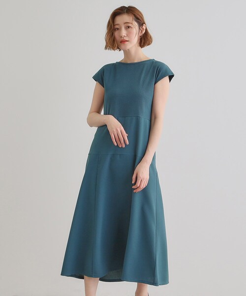 上品 ふんわり フレアー ドッキングワンピース ネイビー ブルー サテン 素敵 KOBE LETTUCE ワンピース レディース 5分袖 ロング フレア 40代