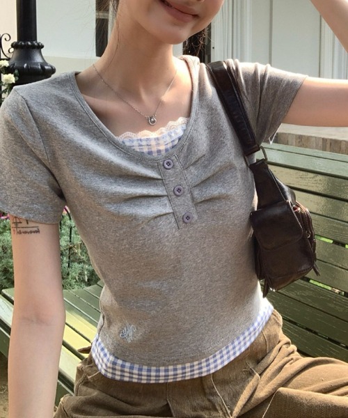 paravion（パラビオン）の「ギンガムチェックレイヤードカットTシャツ（Tシャツ/カットソー・レディース・グレー/ブルー/ブラック/ホワイト/イエロー・FREE）」の3枚目の写真