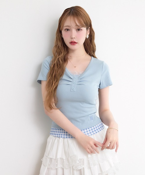 paravion（パラビオン）の「ギンガムチェックレイヤードカットTシャツ（Tシャツ/カットソー・レディース・グレー/ブルー/ブラック/ホワイト/イエロー・FREE）」の9枚目の写真