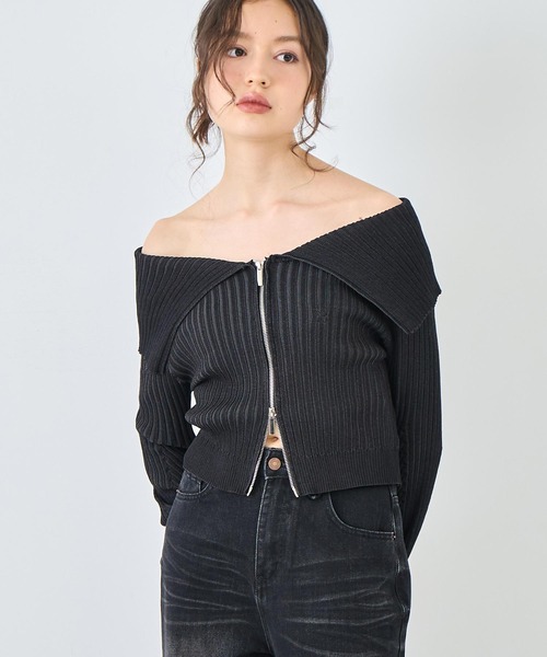 ANAP（アナップ）の「リブニットビッグカラーZIPカーディガン（カーディガン/ボレロ・レディース・ネイビー/グレー/ブラック・FREE）」の2枚目の写真