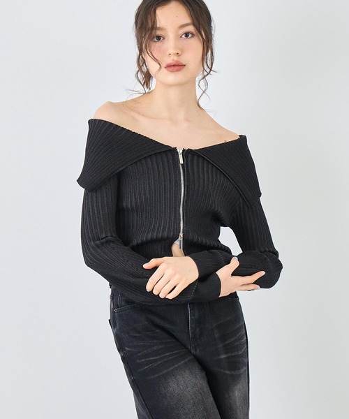 ANAP（アナップ）の「リブニットビッグカラーZIPカーディガン（カーディガン/ボレロ・レディース・ネイビー/グレー/ブラック・FREE）」の5枚目の写真