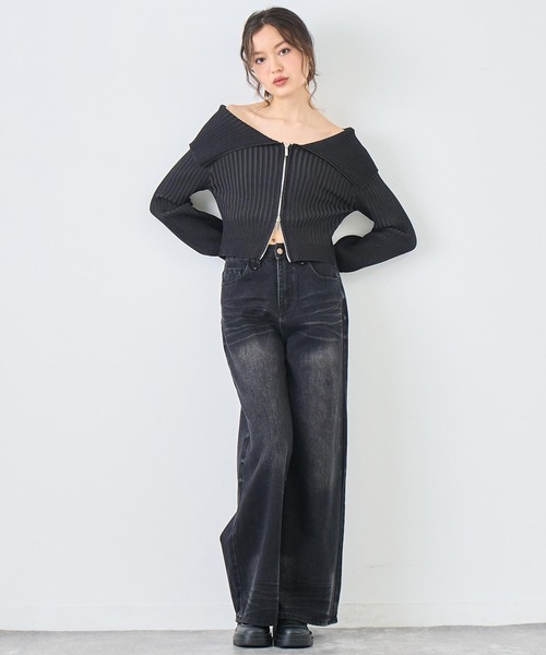 ANAP（アナップ）の「リブニットビッグカラーZIPカーディガン（カーディガン/ボレロ・レディース・ネイビー/グレー/ブラック・FREE）」の7枚目の写真