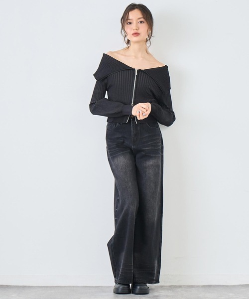 ANAP（アナップ）の「リブニットビッグカラーZIPカーディガン（カーディガン/ボレロ・レディース・ネイビー/グレー/ブラック・FREE）」の8枚目の写真