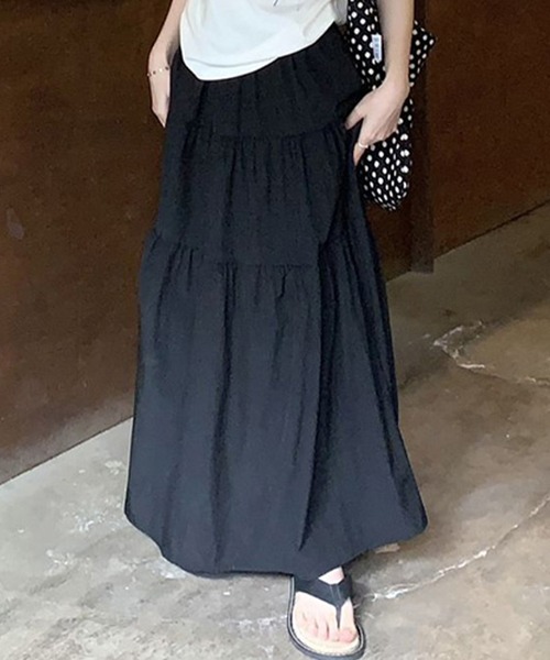 DAY CLOSET（デイ クローゼット）の「レディース お洒落見えゆったりシルエットティアードスカート（スカート・レディース・ブラック/ホワイト・FREE）」の6枚目の写真