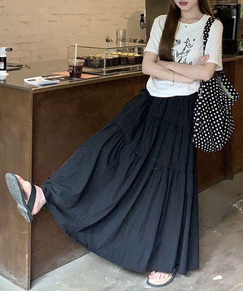 DAY CLOSET（デイ クローゼット）の「レディース お洒落見えゆったりシルエットティアードスカート（スカート・レディース・ブラック/ホワイト・FREE）」の9枚目の写真