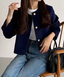ノーカラージャケット（ブルー・ネイビー/青色系）ファッション