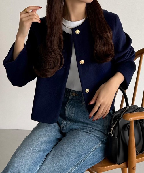 セール】ウールライクゴールドボタンノーカラージャケット（ノーカラー