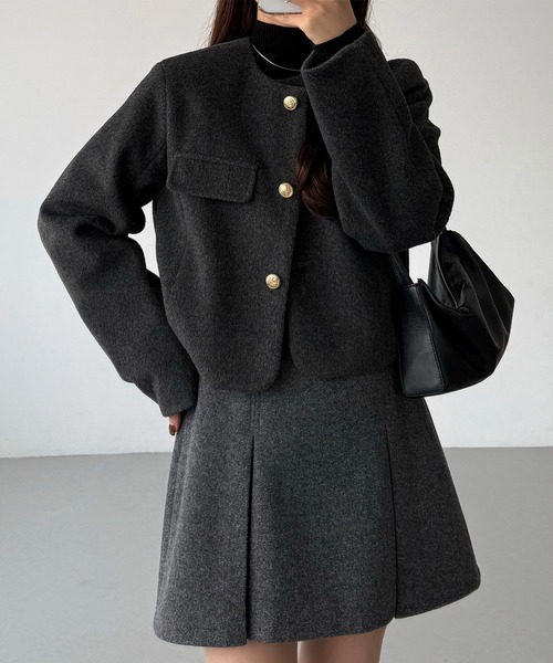 セール】ウールライクゴールドボタンノーカラージャケット（ノー