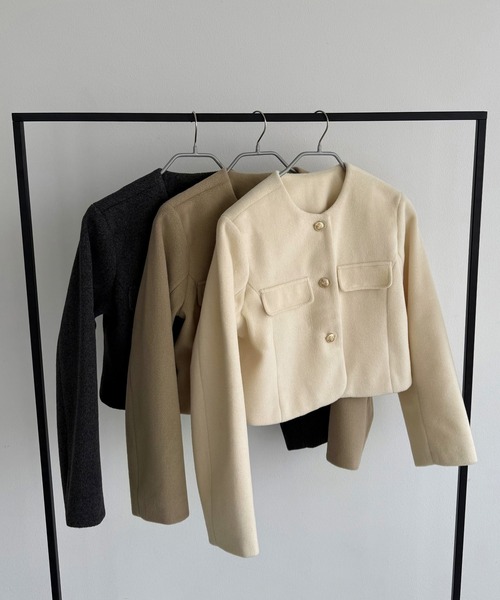 セール】ウールライクゴールドボタンノーカラージャケット（ノー