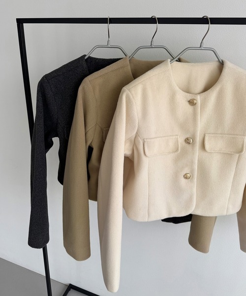セール】ウールライクゴールドボタンノーカラージャケット（ノーカラー