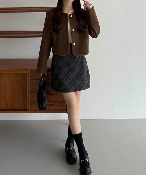 セール】ウールライクゴールドボタンノーカラージャケット（ノーカラー