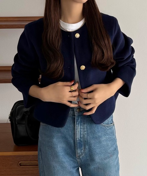 セール】ウールライクゴールドボタンノーカラージャケット（ノーカラー
