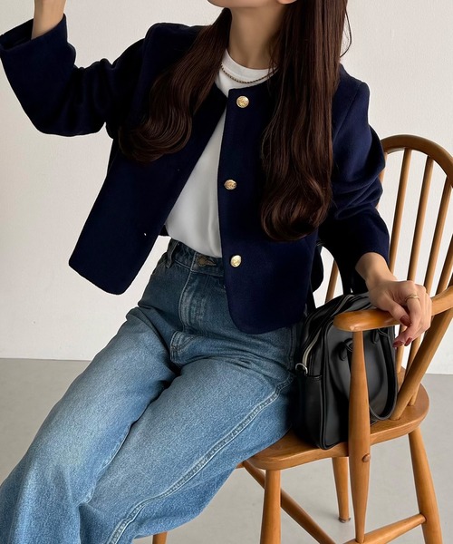 美品★ADORE｜デザインポケット ウール ノーカラージャケット セール】 ウールボアジャケット （テーラードジャケット）｜ADORE